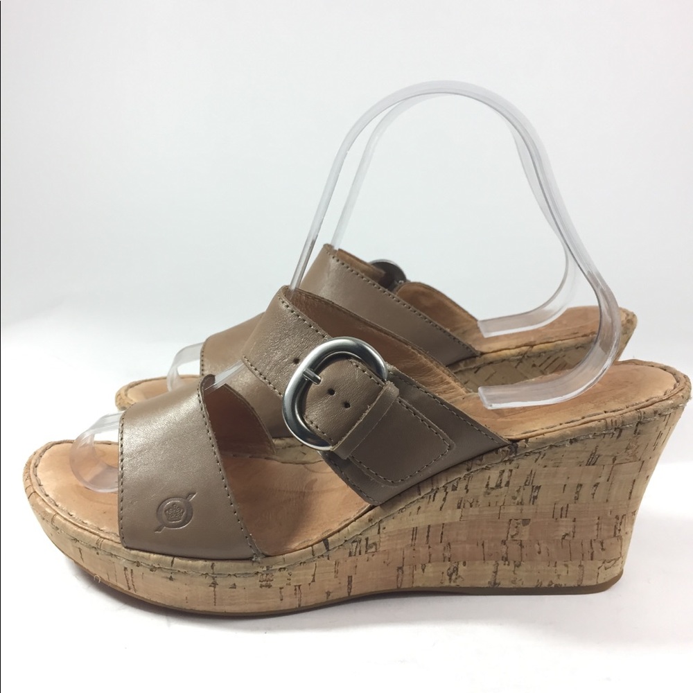 Born 10 Tan Beige Slip On Buckle Wedge Sandals
